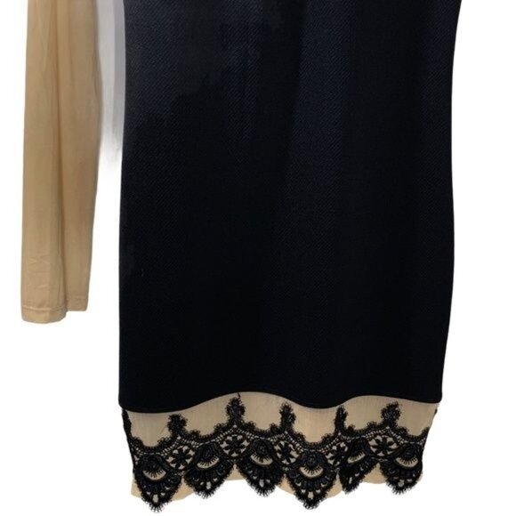 Cisa Black Tan Long Sleeve Mesh Lace Hem Sheath Dress Size M - Picture 7 of 11